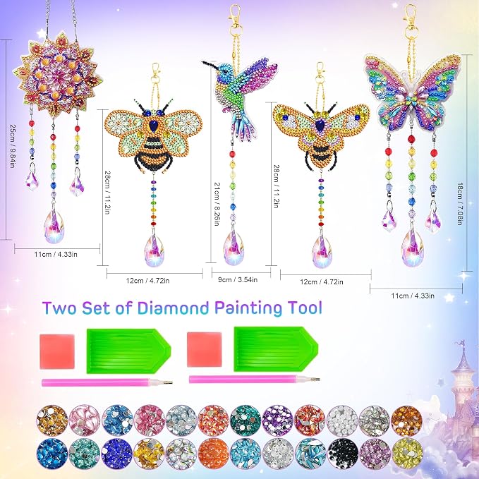 5Pcs Diamond art Kits for Kids/Adults, Crafts for Kids Ages 8-12, DIY Diamond Painting art Wind Chimes Crystal Window Suncatcher Craft, Birthday Gifts for 7 8 9 10 11 Year Old Girls, Home Garden Decor
