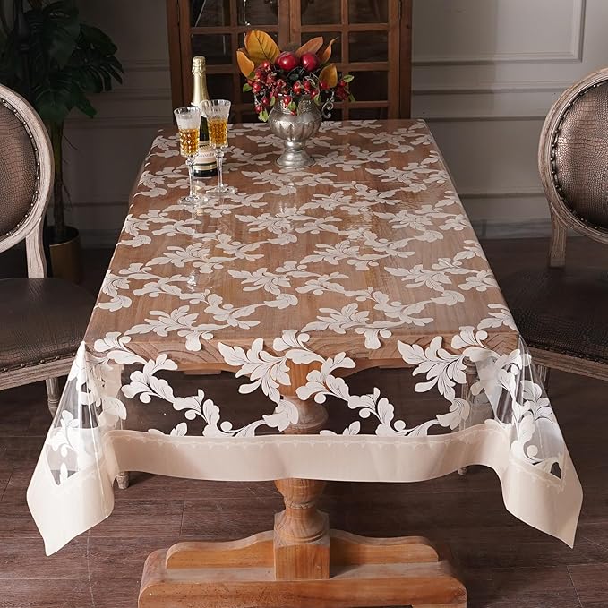 Vinyl Table Cloth Rectangle Clear Table Cover Protector with Block Printed Pattern Oil Spill Proof Farmhouse Rustic Plastic Table Covers for Dining Tables (Scroll Grass, 55 x 104 Inches)