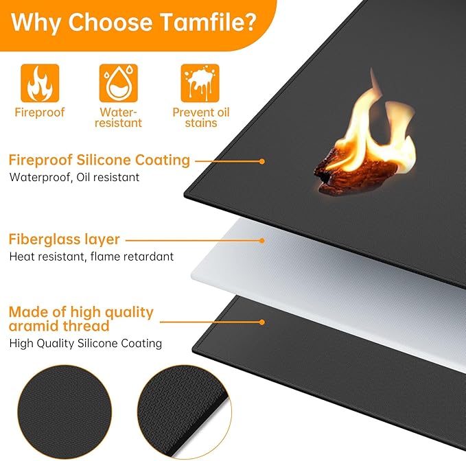 Tamfile Large 50 x 30 Inch Under Grill Mats for Outdoor Grill, Double-Sided Fireproof Heat-Resistant Pad, Indoor Fireplace/Fire Pit Rubber Mat, Oil-Proof Waterproof BBQ Protector for Deck and Patio