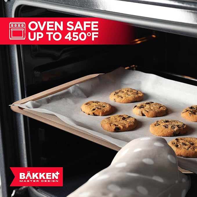 BAKKEN Kitchen Baking Pans - Nonstick Brown Coating, 13.18’’ × 8.66’’ Commercial Grade Carbon Steel Cookie Sheet, Baking Kitchen Essentials, PFOA, PFOS, PTFE Free, Oven Safe Tray (450° F), Brown