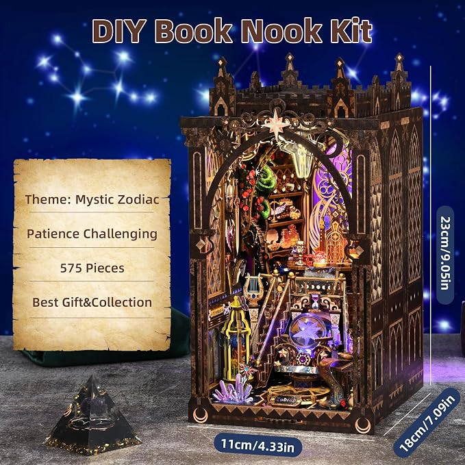 TOYQI Book Nook Kit, Book Nook Kits for Adults | DIY Miniature Dollhouse Kit 3D Wooden Puzzle Booknook Bookend with LED Light