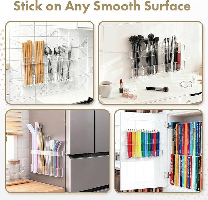 Acrylic Straw Holder for Cabinet Door - Child-Safe Organizer & Dispenser with Smooth Rounded Edges for Kitchen Accessories Storage, Adhesive Circles Included (Clear Transparent)