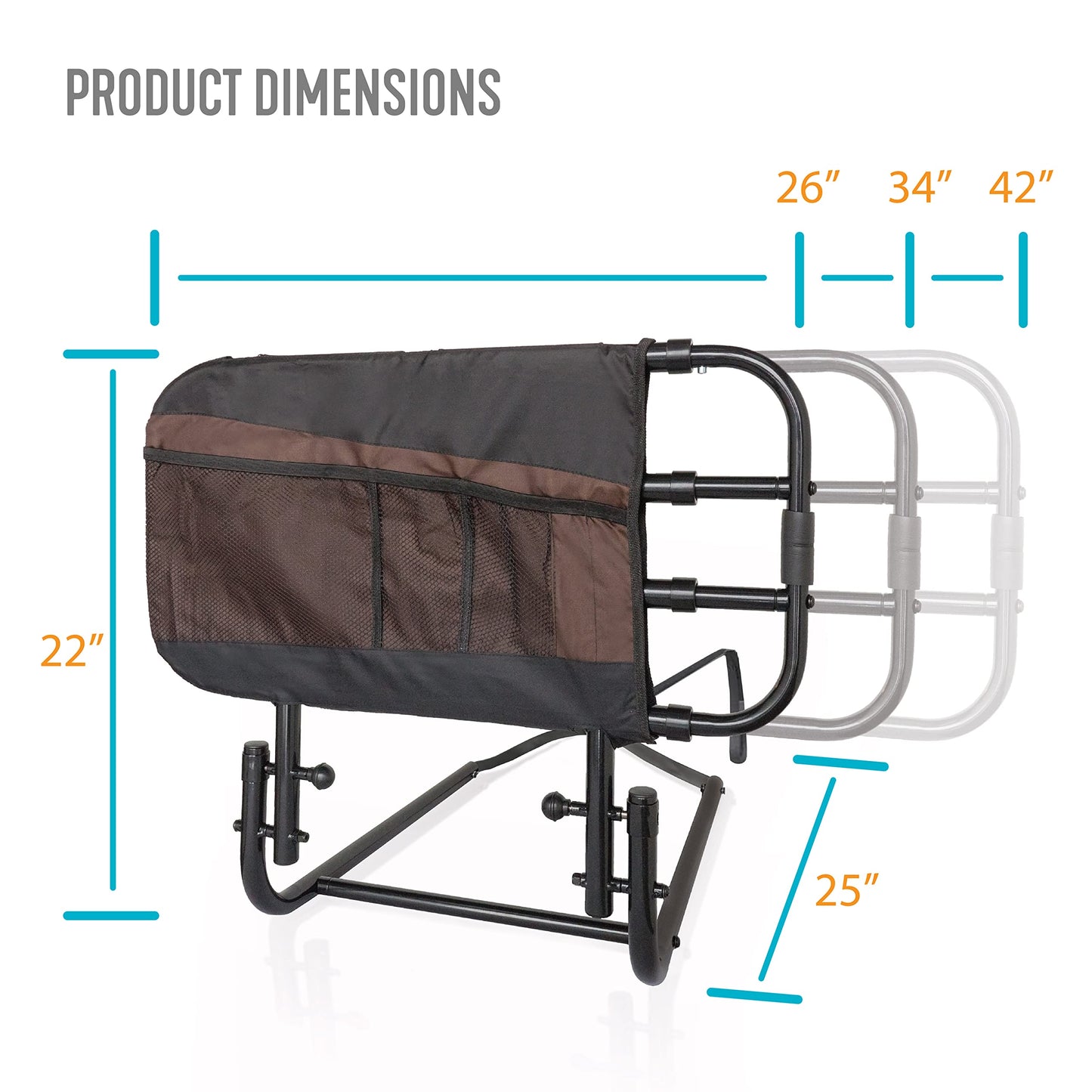 Stander EZ Adjust Bed Rail, Adjustable Senior Bedrail and Safety Assist Railing for Elderly Adults with Organizer Pouch, ASTM Safety Approved Guard-Rail, Black
