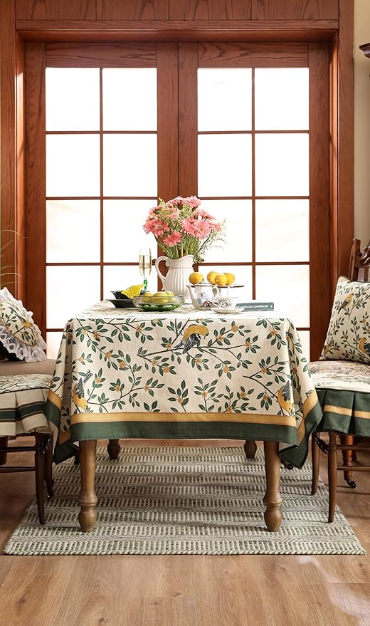 patdrea Designer Green French Linen Rectangular Tablecloth,Vintage Durable Floral Table Cloth,Decorative Table Cover for Kitchen Dining,Parties,Party,Christmas,Thanksgiving,55"x87"-Warbler