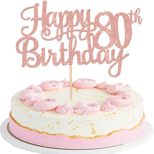 1 PCS Happy 80th Birthday Cake Topper Glitter Cheers to 80 Years Birthday Cake Pick 80 Fabulous Cake Decoration for Happy 80th Birthday Theme Party Decorations Supplies Rose Gold