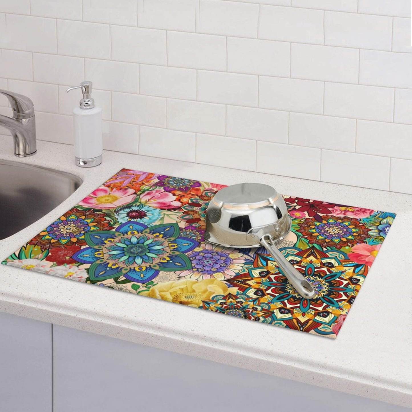 Colorful Flowers Dish Drying Mat for Kitchen Counter Absorbent Reversible Boho Floral Drying Pad Kitchen Decor Dish Drainer Rack Mats 18"x24"