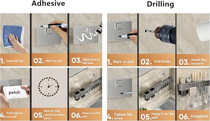 SEIDO Carbon Steel Utensil Rack – Space-Saving 12" L Kitchen Organizer with hooks & hanging bar, Gunmetal Gray Knife Holder, 2 Installation Options (Adhesive/Screwed)