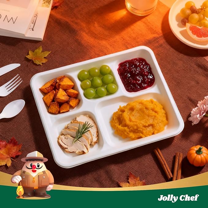 JOLLY CHEF Compostable 𝟱 Compartment Paper Plates 10*8.25*1 𝗶𝗻𝗰𝗵 [𝟱𝟬𝟬 𝗣𝗮𝗰𝗸] Small Heavy Duty Divided Disposable White Eco-Friendly Biodegradable Food Tray for School Lunch Thanksgiving Day
