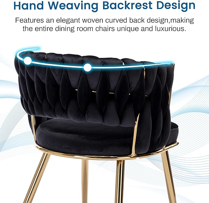 KCC Velvet Dining Chairs Set of 4, Gold Modern Dining Chair with Metal Legs, Woven Upholstered Dining Chairs for Dining Room, Kitchen, Vanity, Living Room (Black)