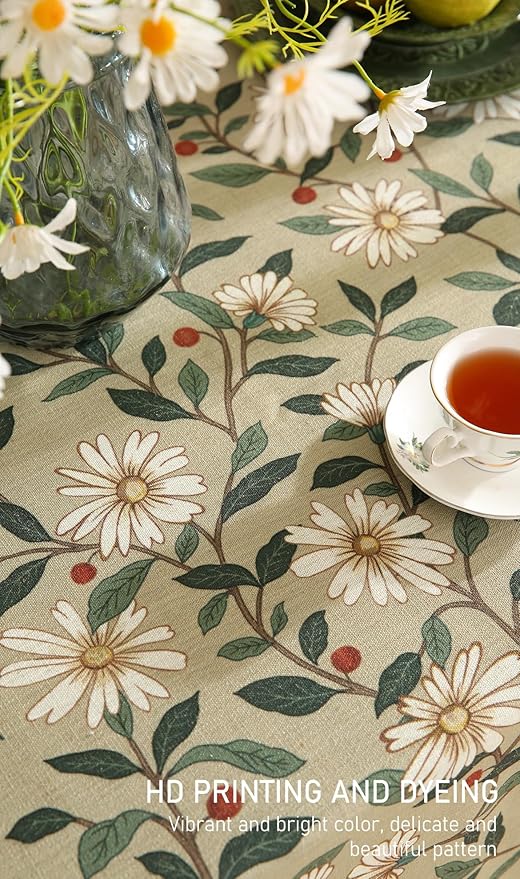 ISAENNE Designer Green Linen Table Cloth Rectangle,Floral French Country Indoor Tablecloth,Stain Resistant Home Decor Tablecloths for Dining Kitchen Thanksgiving Party,55"*79"-Brune
