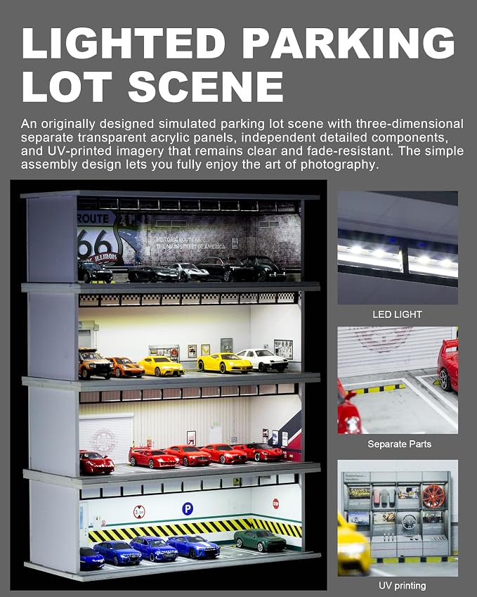 1/64 Scale Display Case Car Garage Moldel, Acrylic Cover Diecast Car Show Case with LED Light 6 Parking Spaces, Hot diecast Wheel Parking Scene (Vehicles Not Included) Car Repair Basement