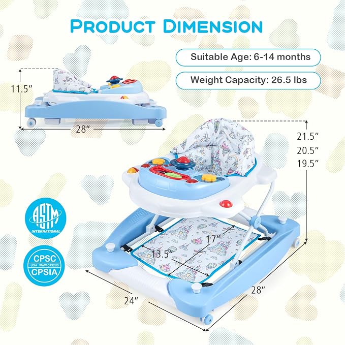 BABY JOY 6-in-1 Baby Walker, Foldable Baby Walker with Wheels, Adjustable Height, Music, Lights, Bouncer & Rocker Mode, Baby Walkers for Boys Girls 6-14 Months (Blue)