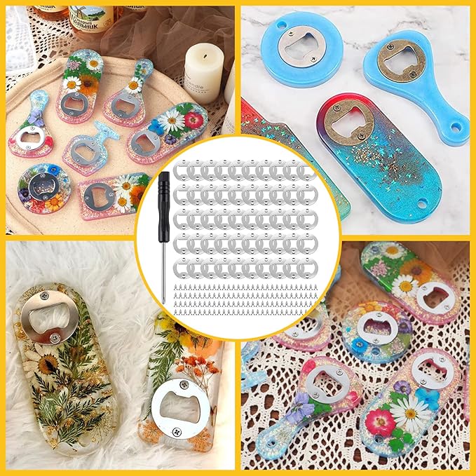 DIY Bottle Opener Inserts - Stainless Steel, Silver Resin Kits (50 Set)