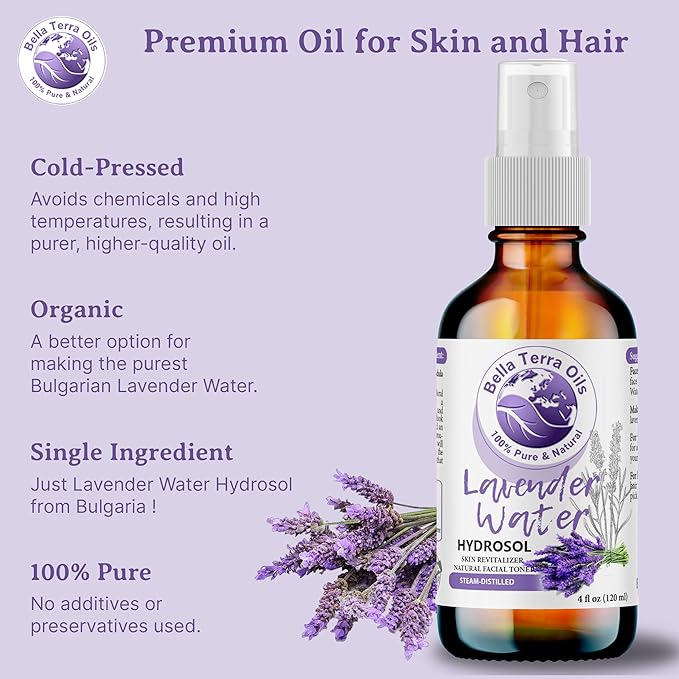 Bella Terra Oils Premium Lavender Water Hydrosol – 1gallon, Steam Distilled, Refreshing Skin Tonic, Soothing Aroma, Hydrating for Skin