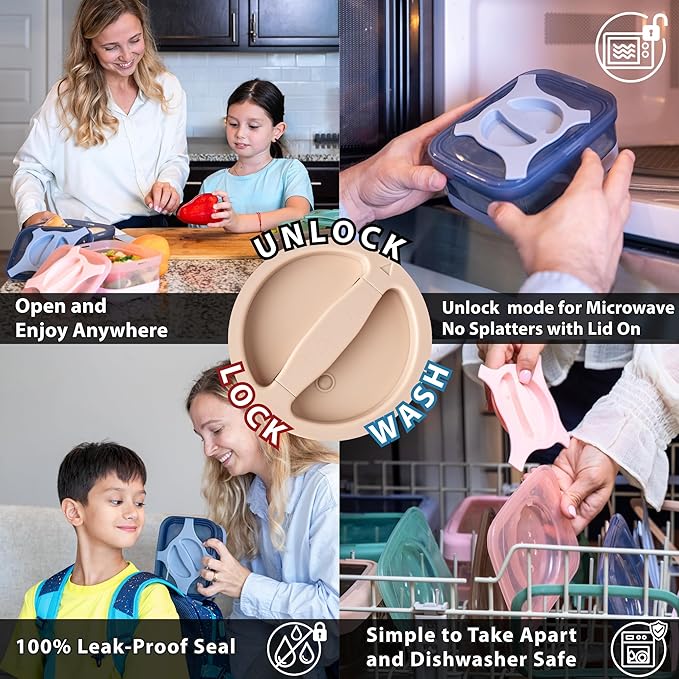 Adult Lunch Box Pack of 2 Leakproof Salad and Meal Prep 3 Cups 25.5oz Container Twistlock Lid Reusable Portable, Microwave and Dishwasher Safe BPA-Free For Work