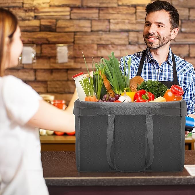 WISELIFE Reusable Grocery Shopping Bags 10 Pack Large Foldable Tote Bags Bulk, Long Handle for Shopping Groceries Clothes (Dark Grey & Black)