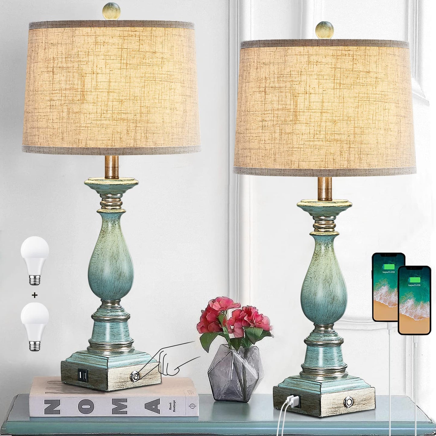 Farmhouse Table Lamps Set of 2 with USB Charging Ports, Touch Control Bedside Table Lamp for Bedroom Nightstand, 3-Way Dimmable Table Lamp for Living Room End Table, Linen Fabric Shade, Bulbs Included