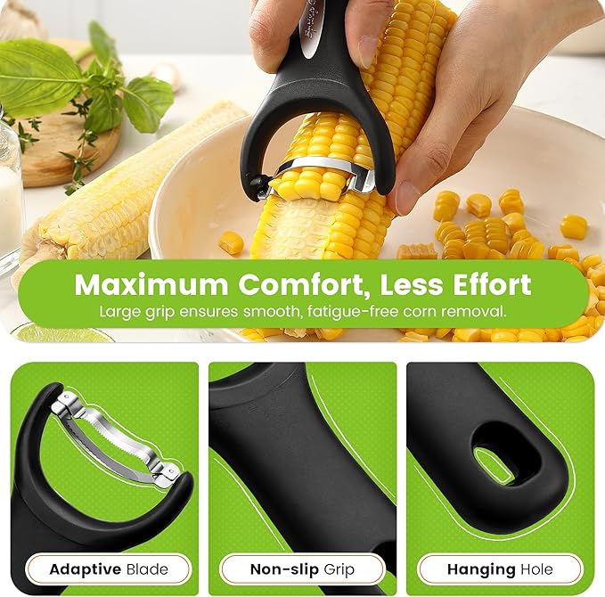Spring Chef Stainless Steel Corn Peeler – Corn on the Cob Stripper Tool – Durable & Efficient Kernel Remover Tool – Easy to Use Kernel Cutter - Dishwasher Safe Kitchen Gadget - Set of 2 - Black