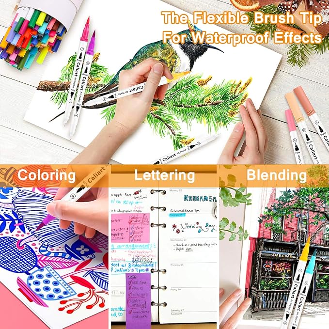 Caliart 72 Colors Double Tip Brush Pens Art Markers, Artist Fine & Brush Coloring Markers for Adult Book Journaling Calligraphy Lettering Planners Cards Drawing Craft Kit Teacher Office Supplies