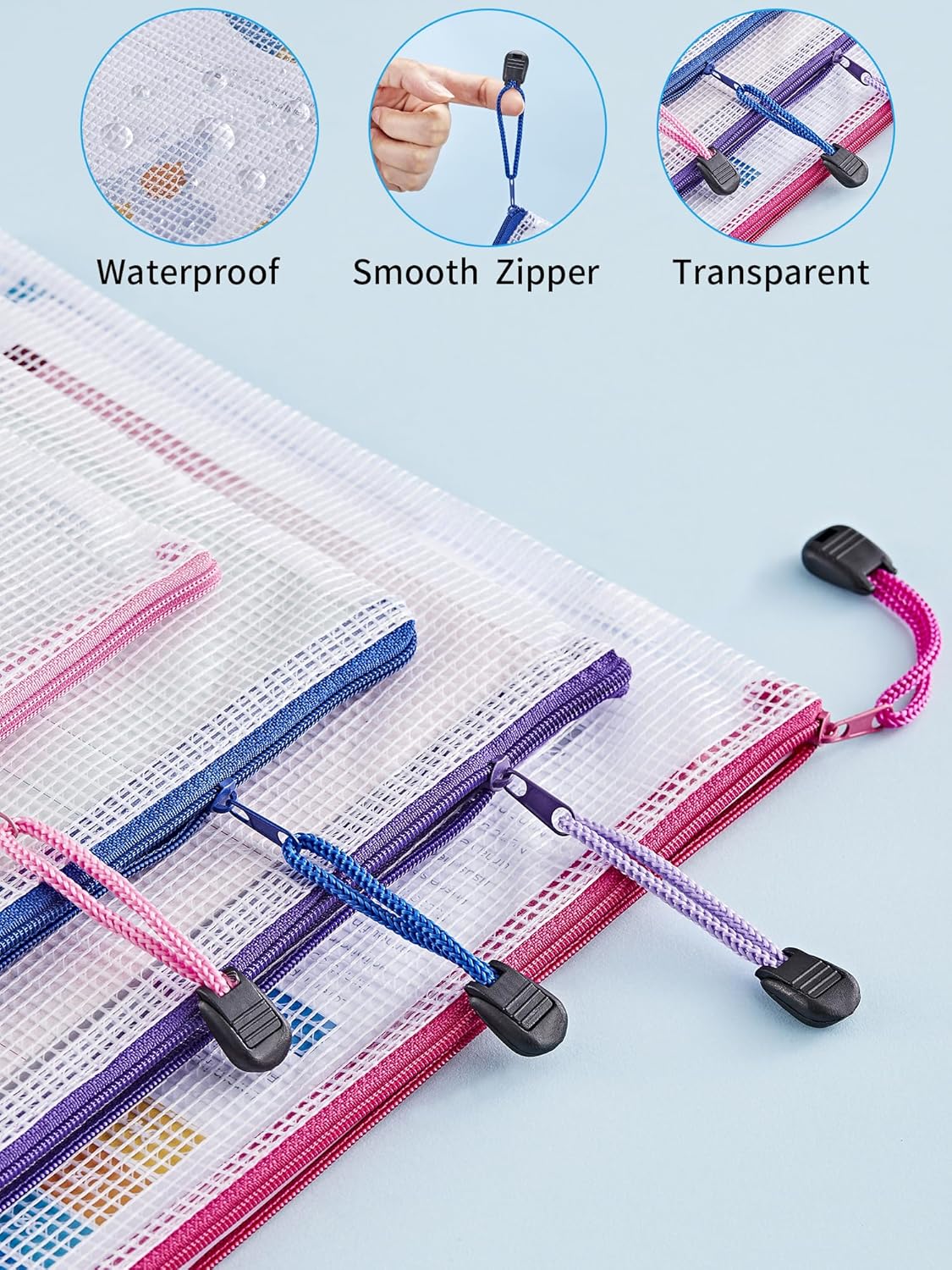 JARLINK 30 Pack 8 Sizes Mesh Pouch, 9 Colors, Waterproof Zipper File Bags Document Multipurpose Travel Bags for Office, School, Board Game, Puzzles, Cosmetics, Travel Accessories, and Home Organize