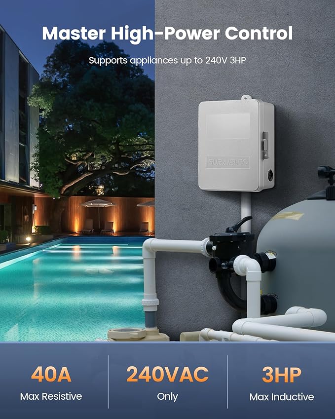 SURAIELEC Mechanical Pool Timer, 40 AMP 240V 3HP, 24 Hour Heavy Duty Timer Switch for Pool Pump, Spa, Landscape Lights, Water Heater, Simultaneously Controls Up to 3HP Devices, Outdoor Indoor Use