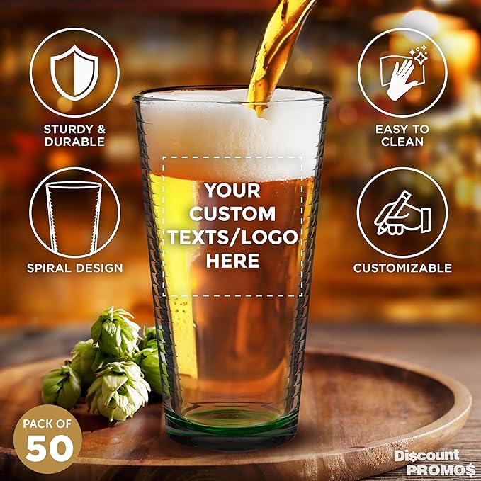 Custom Spiral Pint Glass 16 oz. Set of 50, Personalized Bulk Pack - Beer Glasses, Heavy Duty Drinkware - Green