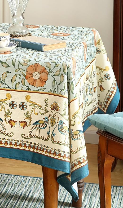 patdrea Designer French Linen Blue Tablecloth for Rectangle Table,Vintage Floral Table Cloth,Colorful Decoration Fall Cover Kitchen Dining for Thanksgiving,Tea Party,Christmas,55"x87"-Wensel