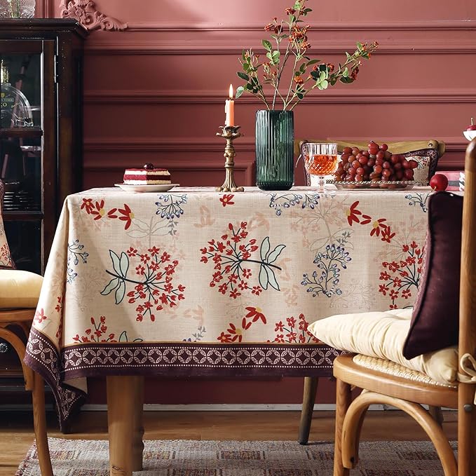 patdrea Designer French Linen Long Tablecloth for Rectangle Table,Vintage Red Floral Tablecloths,Dacorative Cover for Kitchen Dining,Tea Party,Christmas,Thanksgiving,Holiday,63"x87"-Newmari
