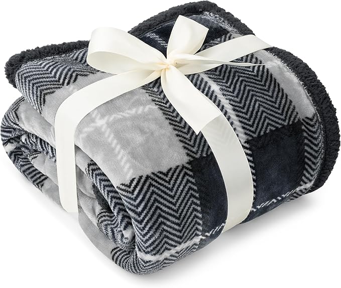 PAVILIA Premium Sherpa Twin Size Blanket | Plaid Design Flannel Fleece Twin Bed Blanket | Plush, Soft, Cozy, Warm, Lightweight Microfiber, Reversible, All Season Use (Plaid Charcoal , 60 x 80 Inches)