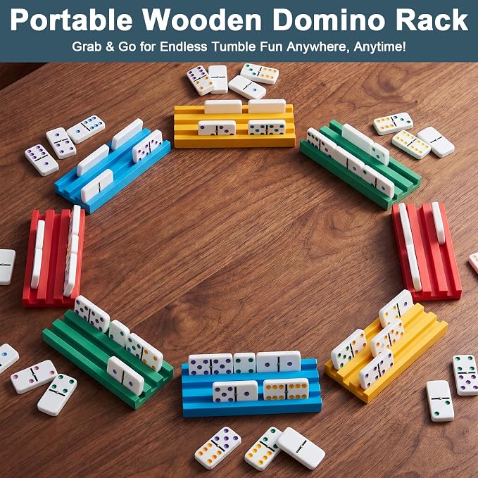 Soulchen Multicolor Wooden Domino Racks Set of 8, Wood Domino Tiles Trays Holders Organizer for Mexican Train Classic Board Accessories, Dominoes Not Included (7.1 x 2.8 Inch)