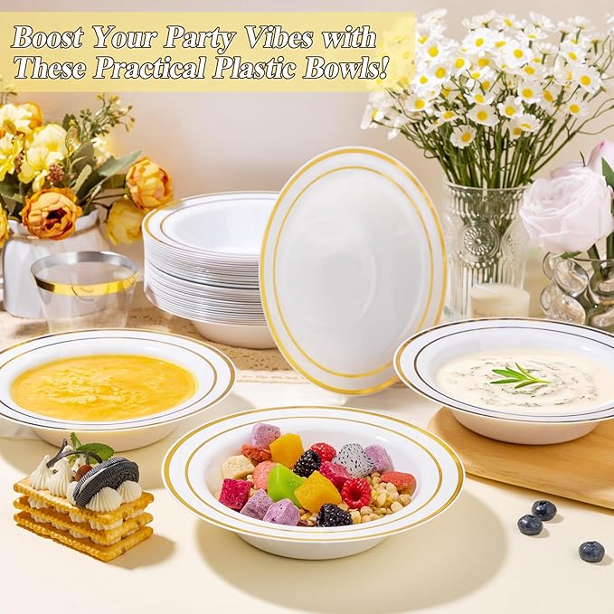 100 Pack Disposable Soup Bowls with Gold Rim, 12oz Premium Heavy Duty Plastic Dinner Bowls for Party, Wedding and Holiday