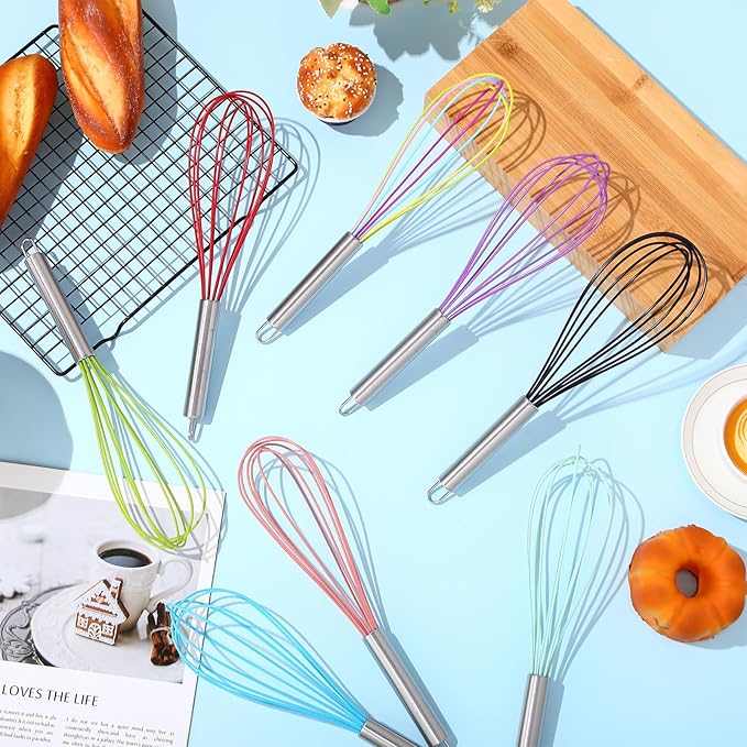 Domensi 8 Pcs 12 Inch Whisks Bulk for Cooking Silicone Whisks Non Scratch Stainless Steel Hand Coated Metal Heat Resistant Egg Beaters for Classroom Cook Party Favor Gift Supplies