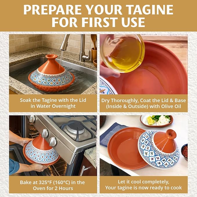 Kamsah Tagine Pot for Cooking and Flavor Enrichment - Large Clay Pot 12”, 5.5 QT - Non-Stick Handmade Cookware - Moroccan Ceramic Pots for Cooking with Lid & Serving Bowl - Bohemian Classic Blue