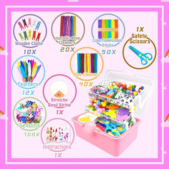 3000Pcs Arts and Crafts Supplies for Kids Craft Kits with Pipe Cleaners Crafting Supply All in 3 Layered Craft Box DIY Crafts for Kids Ages 4-8 8-12 Homeschool Supplies Toys Gifts for Girls & Boys