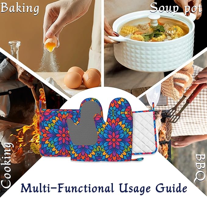 Boho Mandala Floral Potholders & Oven Mitts Sets Colourful Abstract Silicone Heat Resistant Oven Mits and Hot Pads Non-Slip Pot Holders Gloves for Kitchen Chef Cooking Baking Grilling BBQ