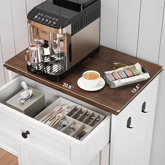NEWOWNDS Tilt Out Trash Can Cabinet 13 Gallon Hidden Trash Garbage Can Cabinet with Drawer,Waterproof Cutting Board,Pet Proof Hidden Garbage,Laundry Bathroom, White