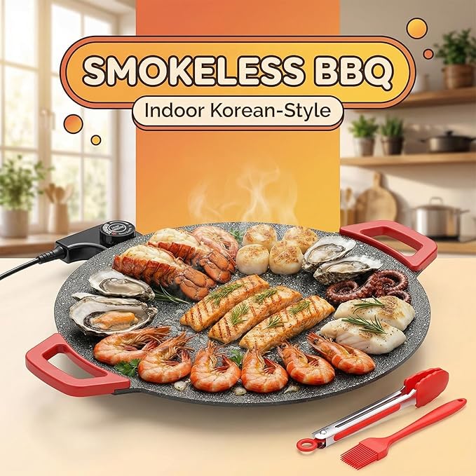 Indoor Smokeless Electric Griddle,Comales Para Tortillas Electricos, Portable Electric Korean Bbq Grill,Round Electric Griddle For Bbq, Tortillas, Steaks, Burgers, Pancakes (16 in)