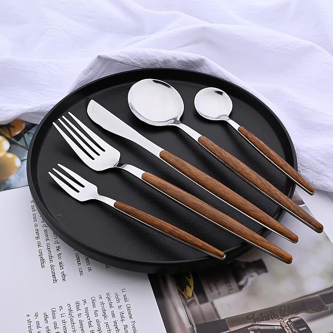 6-Piece Dessert Forks Set, Stainless Steel Mini Fruit Forks Set, Silver Mirror Polished Cake Forks for Wedding Home Party Restaurant, Round Wooden Effect Handle, 6.18inch, Dishwasher Safe