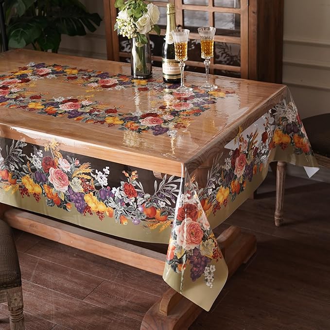 Clear Table Cover Protector Vinyl PVC Rectangle Table Cloth with Floral Fruit Pattern Oil Spill Proof Plastic Tablecloths for Dining Tables Parties Holidays (Floral Fruit, 55 x 104 Inches)