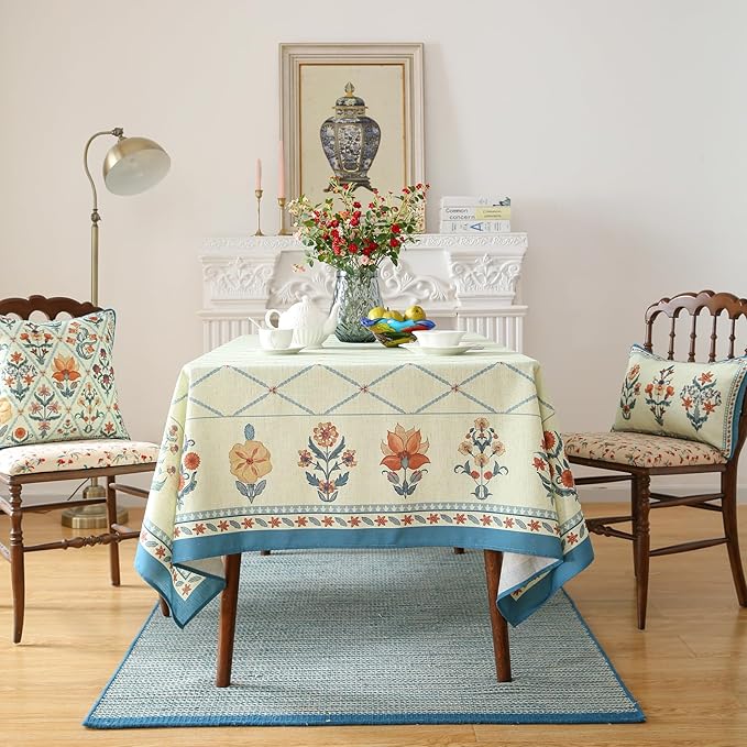 ISAENNE Designer Linen Floral Rectangular Tablecloth,Light Green Farmhouse Durable Table Cloth,Washable Decor Tablecloths for Dining Kitchen Thanksgiving Christmas,55"*87"-Floralsea B
