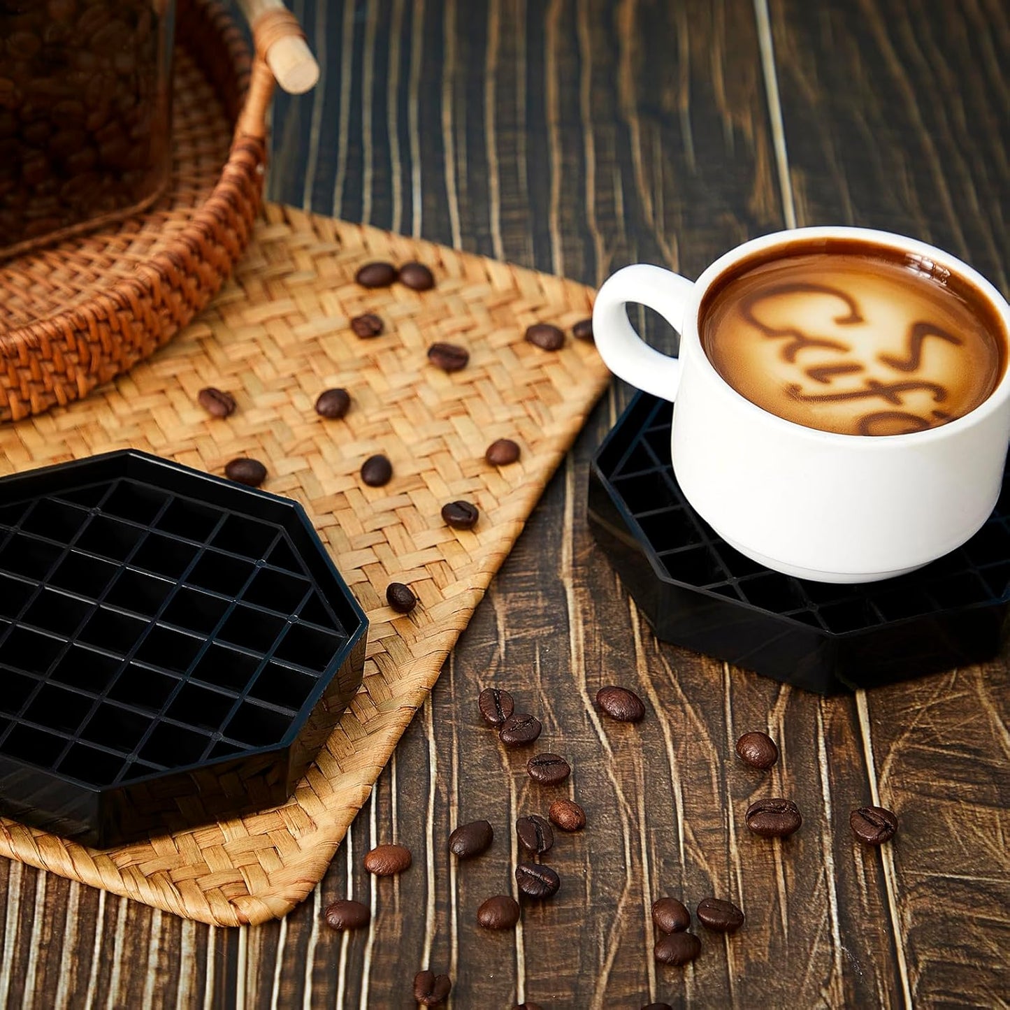 Suclain 4 Pcs 4 Inch Coffee Drip Tray Black Plastic Octagon Coffee Countertop Drip Coaster with Honeycomb Grid for Drink Tea Wine Beverage Dispenser
