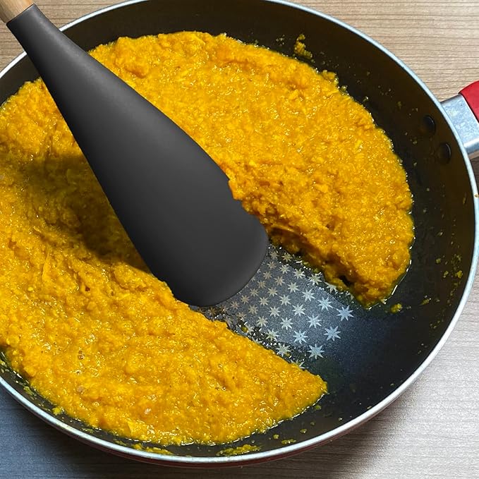 Cooking Spoon for Nonstick Cookingwares with Lengthed Wooden Handle, VOVOLY Silicone Spatula Spoon for Mixing, Scoop, and Scrape, Black, 13.4''