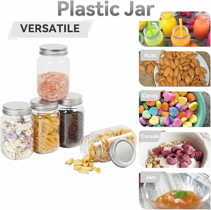 novelinks 16 oz Clear Plastic Jars with Lids, Refillable 16oz Mason Jars with Lids & Storage Containers for Kitchen & Household Use (5 Pack,Silver)