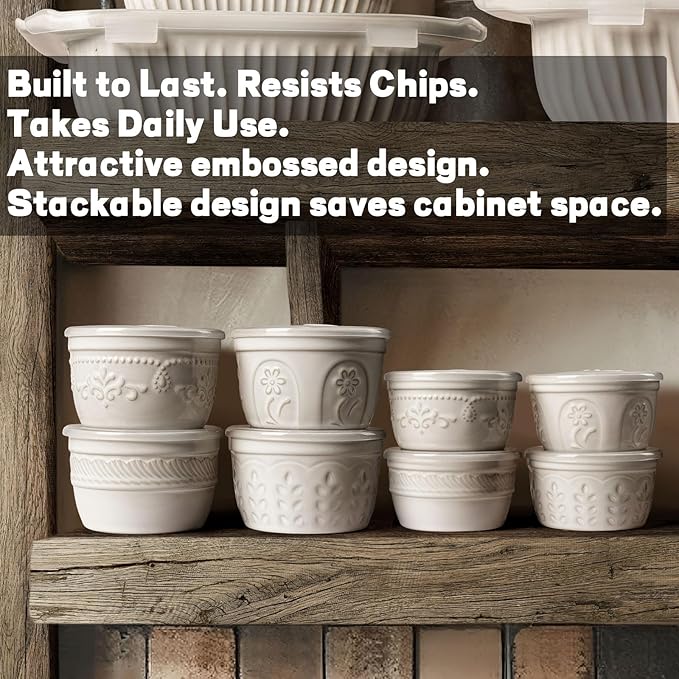 Artena Ramekins with Lids, Creme Brulee Ramekins Oven Safe, Ceramic Pudding Cups, Souffle Cups, Custard Cups, Dipping Sauce Cups, Food Storage Containers with Lids, Set of 4 (Willow Leaf, 8 oz)