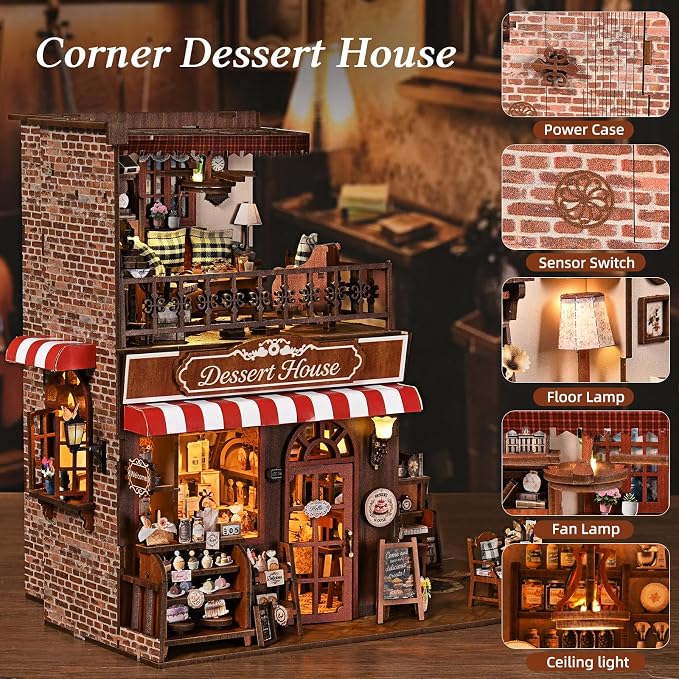 DIY Miniature House Kit, Dollhouse Fantastic Corner Shop for Adults to Build, Birthday/Christmas Day Gift for Family and Friends, Prefab Tiny Home with LED Lights,Corner Dessert House