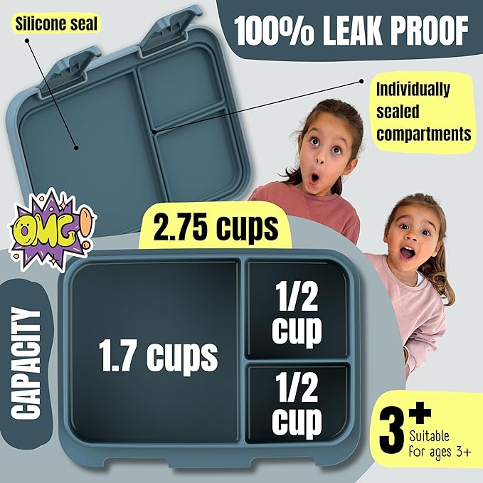 BEARFOOT Kids Lunch Box with Compartments – Compact & Lightweight | Leak-Proof, BPA-Free, Dishwasher & Microwave Safe | Hand-Drawn Design for Preschool, School, Travel (Dinos Blue, 2.75 Cups)