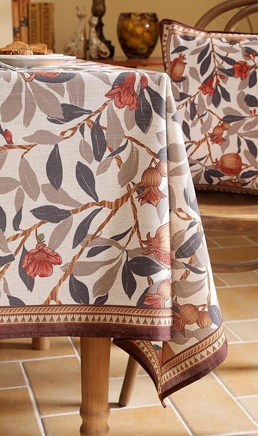 patdrea Designer Brown Tablecloth for Square Table,Linen Pomegranates and Leaves Pattern Tablecloths,Table Cover Cloth Decor for Kitchen Dining Christmas,Thanksgiving,Party,67"x67"-Tehran a