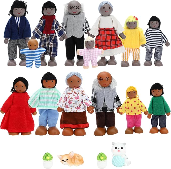 ONEST 18 Pieces Wooden Dollhouse Family Set Mini People Figures Dog Cat Sets Dollhouse Dolls Wooden Doll Family Pretend Play Figures Accessories for Pretend Doll House Toy