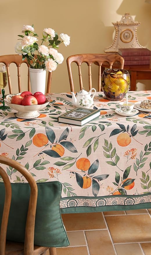 patdrea Designer Vintage Linen Long Rectangle Table Cloth,Framhouse Oranges and Leaves Pattern French Tablecloth,Fall Decor Cover for Kitchen Dining Christmas,Thanksgiving,63"x102"-Palladin a