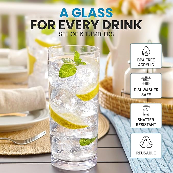 Zulay Kitchen Plastic Drinking Glasses (Set of 6) – 16oz Acrylic Shatterproof Water Cups for Home, Kitchen & Outdoors – Crystal Clear Glass Look – BPA & Lead-Free – Top-Rack Dishwasher Safe